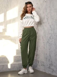 SHEIN EZwear Drawstring Waist Jogger Trousers - Army Green - View 5