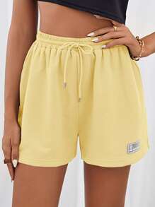 SHEIN EZwear 大码女式字母设计抽绳腰部松紧腰黄色针织休闲运动短裤 - 黃色 - 查看 1