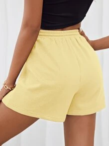 SHEIN EZwear 大码女式字母设计抽绳腰部松紧腰黄色针织休闲运动短裤 - 黃色 - 查看 2
