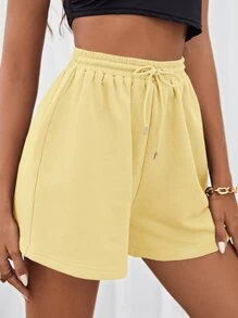 SHEIN EZwear 大码女式字母设计抽绳腰部松紧腰黄色针织休闲运动短裤 - 黃色 - 查看 3