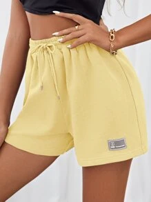 SHEIN EZwear 大码女式字母设计抽绳腰部松紧腰黄色针织休闲运动短裤 - 黃色 - 查看 4
