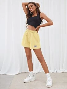 SHEIN EZwear 大码女式字母设计抽绳腰部松紧腰黄色针织休闲运动短裤 - 黃色 - 查看 5