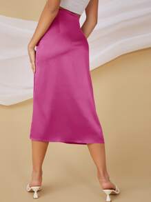 SHEIN BAE Satin Ruched Drawstring High-Slit Midi Skirt - Hot Pink - View 2