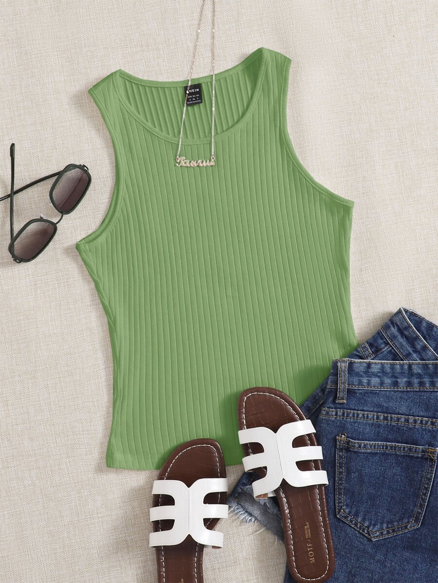 SHEIN EZwear Solid Rib Knit Tank Top - Lime Green - View 1