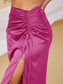 SHEIN BAE Satin Ruched Drawstring High-Slit Midi Skirt - Hot Pink - View 4