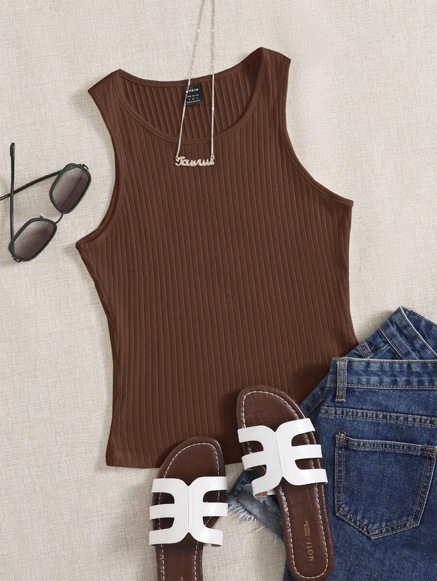 SHEIN EZwear Solid Rib Knit Tank Top - Chocolate Brown - View 1