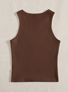 SHEIN EZwear Solid Rib Knit Tank Top - Chocolate Brown - View 2