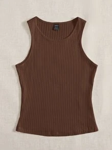 SHEIN EZwear Solid Rib Knit Tank Top - Chocolate Brown - View 3