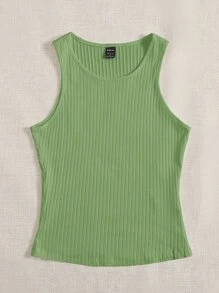 SHEIN EZwear Solid Rib Knit Tank Top - Lime Green - View 4