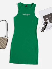 SHEIN EZwear Đầm Gân đan Lá thư Giải trí - màu xanh lá - Xem 1