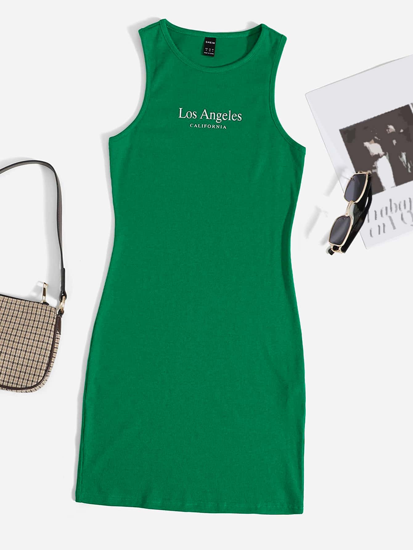 SHEIN EZwear Đầm Gân đan Lá thư Giải trí - màu xanh lá - Xem 1