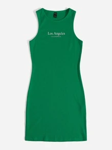 SHEIN EZwear Đầm Gân đan Lá thư Giải trí - màu xanh lá - Xem 3