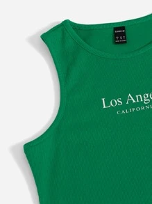 SHEIN EZwear Đầm Gân đan Lá thư Giải trí - màu xanh lá - Xem 4