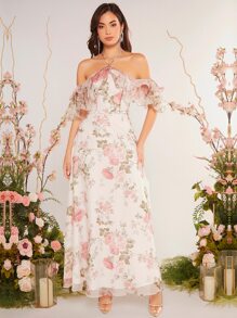 SHEIN Belle Floral Print Ruffle Trim Cold Shoulder Bridesmaid Dress - Multicolor - View 4