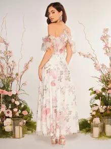 SHEIN Belle Floral Print Ruffle Trim Cold Shoulder Bridesmaid Dress - Multicolor - View 2