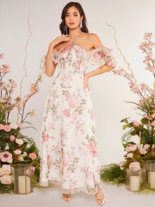 SHEIN Belle Floral Print Ruffle Trim Cold Shoulder Bridesmaid Dress - Multicolor - View 5