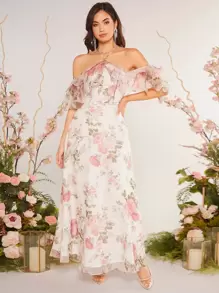 SHEIN Belle Floral Print Ruffle Trim Cold Shoulder Bridesmaid Dress - Multicolor - View 6