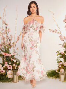 SHEIN Belle Floral Print Ruffle Trim Cold Shoulder Bridesmaid Dress - Multicolor - View 1