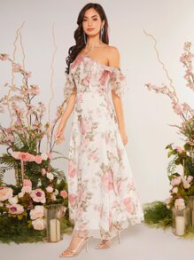 SHEIN Belle Floral Print Ruffle Trim Cold Shoulder Bridesmaid Dress - Multicolor - View 7