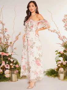 SHEIN Belle Floral Print Ruffle Trim Cold Shoulder Bridesmaid Dress - Multicolor - View 8