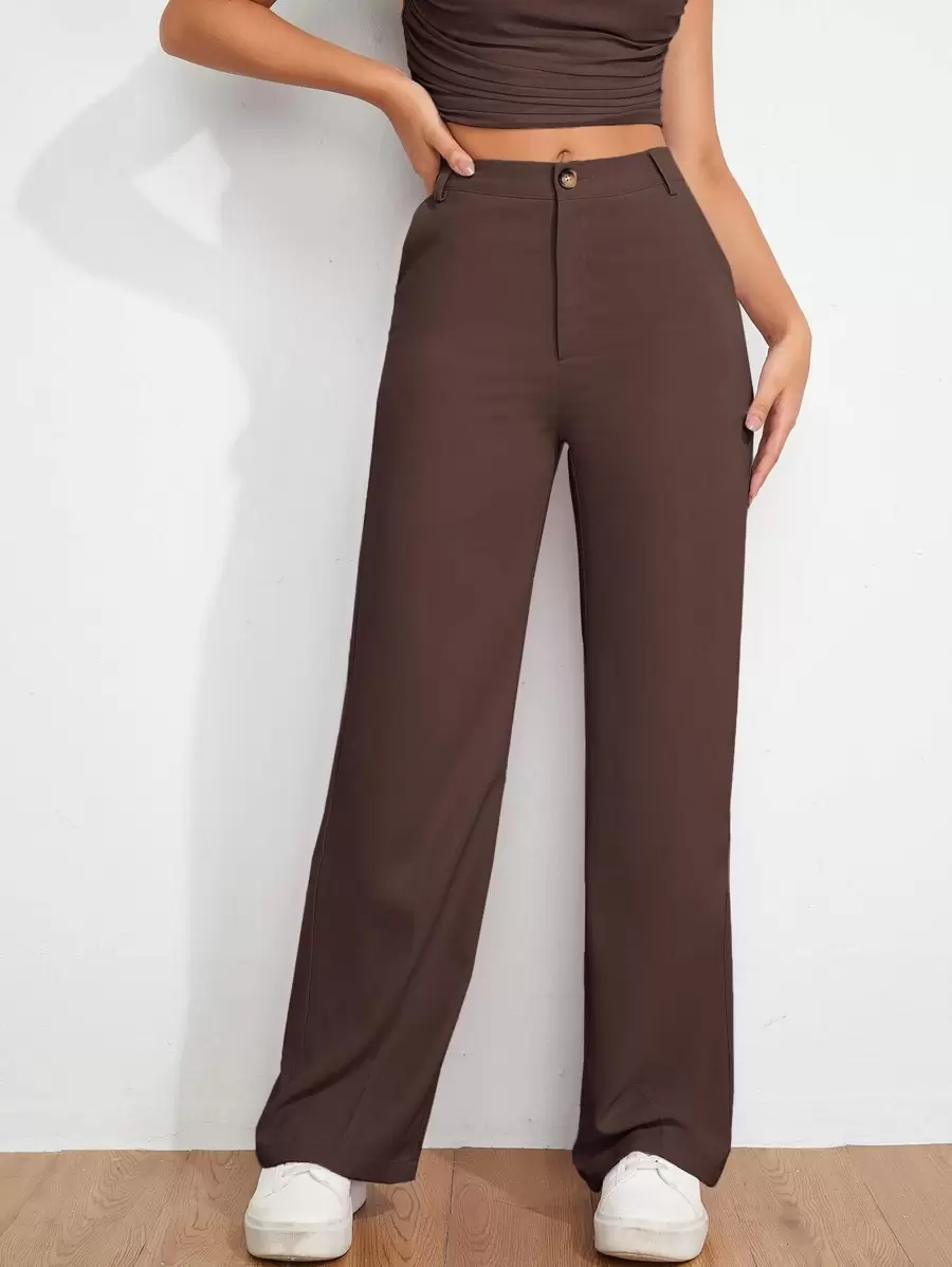 SHEIN EZwear Pantalones rectos ajustados con cierre de cremallera en color marrón sólido para primavera y otoño - Café integral - Ver 1