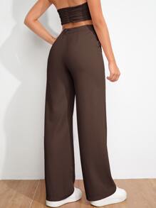 SHEIN EZwear Pantalones rectos ajustados con cierre de cremallera en color marrón sólido para primavera y otoño - Café integral - Ver 2