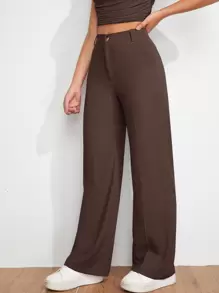 SHEIN EZwear Pantalones rectos ajustados con cierre de cremallera en color marrón sólido para primavera y otoño - Café integral - Ver 3