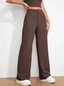 SHEIN EZwear Pantalones rectos ajustados con cierre de cremallera en color marrón sólido para primavera y otoño - Café integral - Ver 6