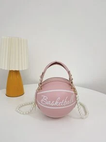 Bolso circular mini con diseño de baloncesto con cuenta con perla artificial con cadena - Rosa - Ver 1