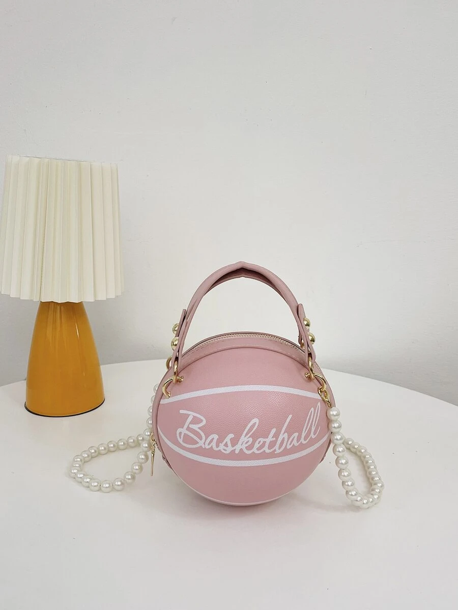 Bolso circular mini con diseño de baloncesto con cuenta con perla artificial con cadena - Rosa - Ver 1