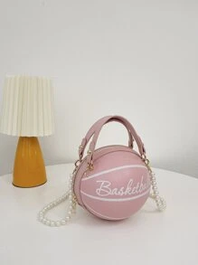 Bolso circular mini con diseño de baloncesto con cuenta con perla artificial con cadena - Rosa - Ver 4