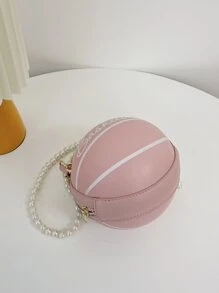 Bolso circular mini con diseño de baloncesto con cuenta con perla artificial con cadena - Rosa - Ver 6