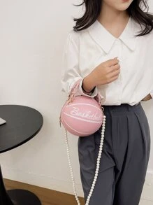Bolso circular mini con diseño de baloncesto con cuenta con perla artificial con cadena - Rosa - Ver 7