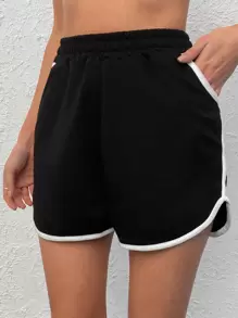 EURMUSE Contrast Binding Elastic Waist Runner Shorts - Black - View 1