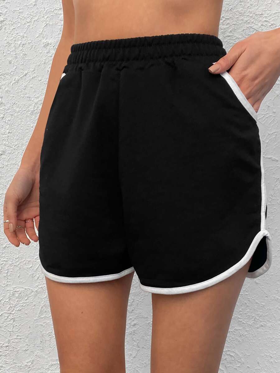 EURMUSE Contrast Binding Elastic Waist Runner Shorts - Black - View 1