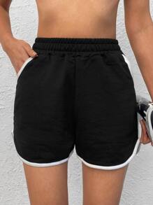 EURMUSE Contrast Binding Elastic Waist Runner Shorts - Black - View 3