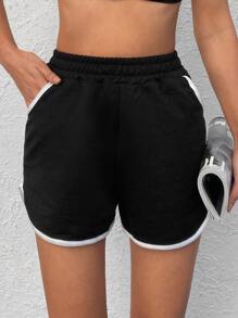 EURMUSE Contrast Binding Elastic Waist Runner Shorts - Black - View 4