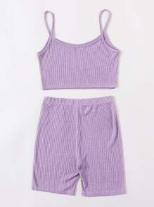 SHEIN EZwear Waffle Knit Cami Crop Top & Cycling Shorts Set - Lilac Purple - View 2