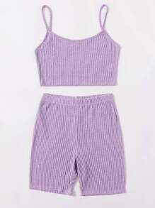 SHEIN EZwear Waffle Knit Cami Crop Top & Cycling Shorts Set - Lilac Purple - View 5