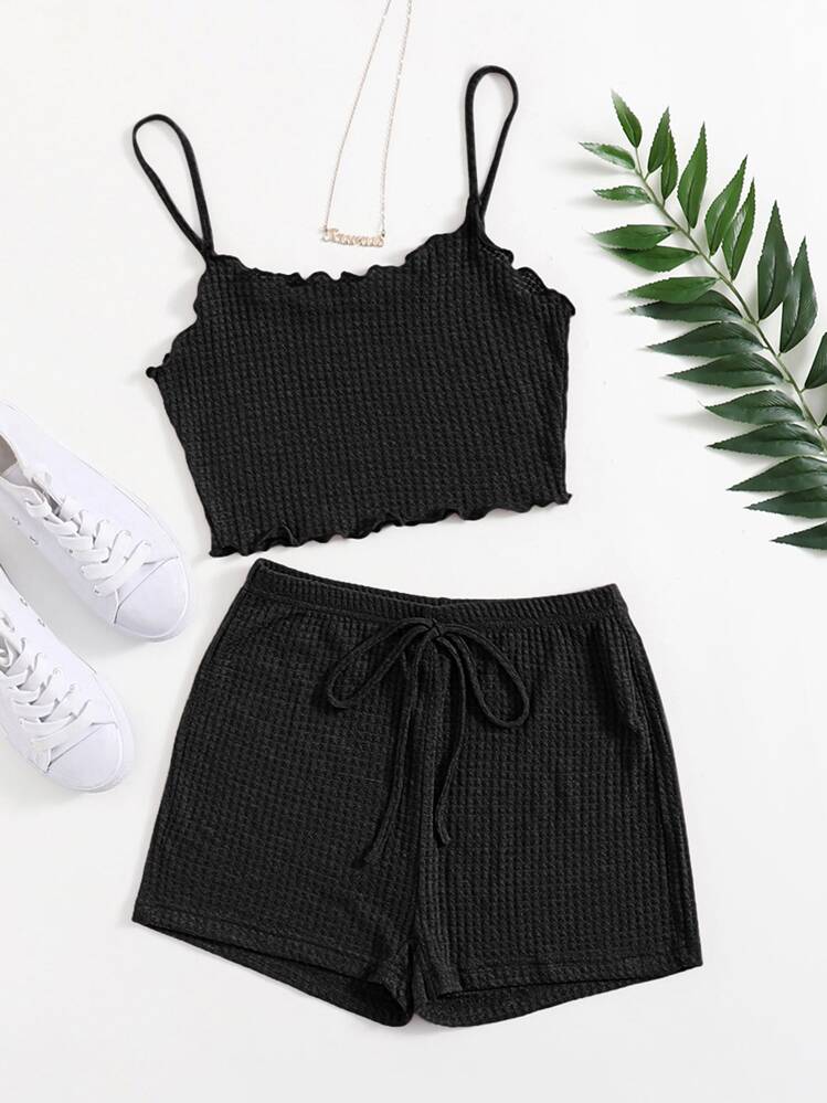 SHEIN EZwear Bộ đồ hai mảnh nữ Thắt nút Xù nhỏ màu trơn Giải trí - màu đen - Xem 1