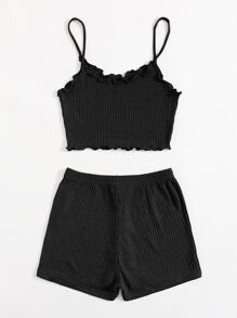 SHEIN EZwear Bộ đồ hai mảnh nữ Thắt nút Xù nhỏ màu trơn Giải trí - màu đen - Xem 2