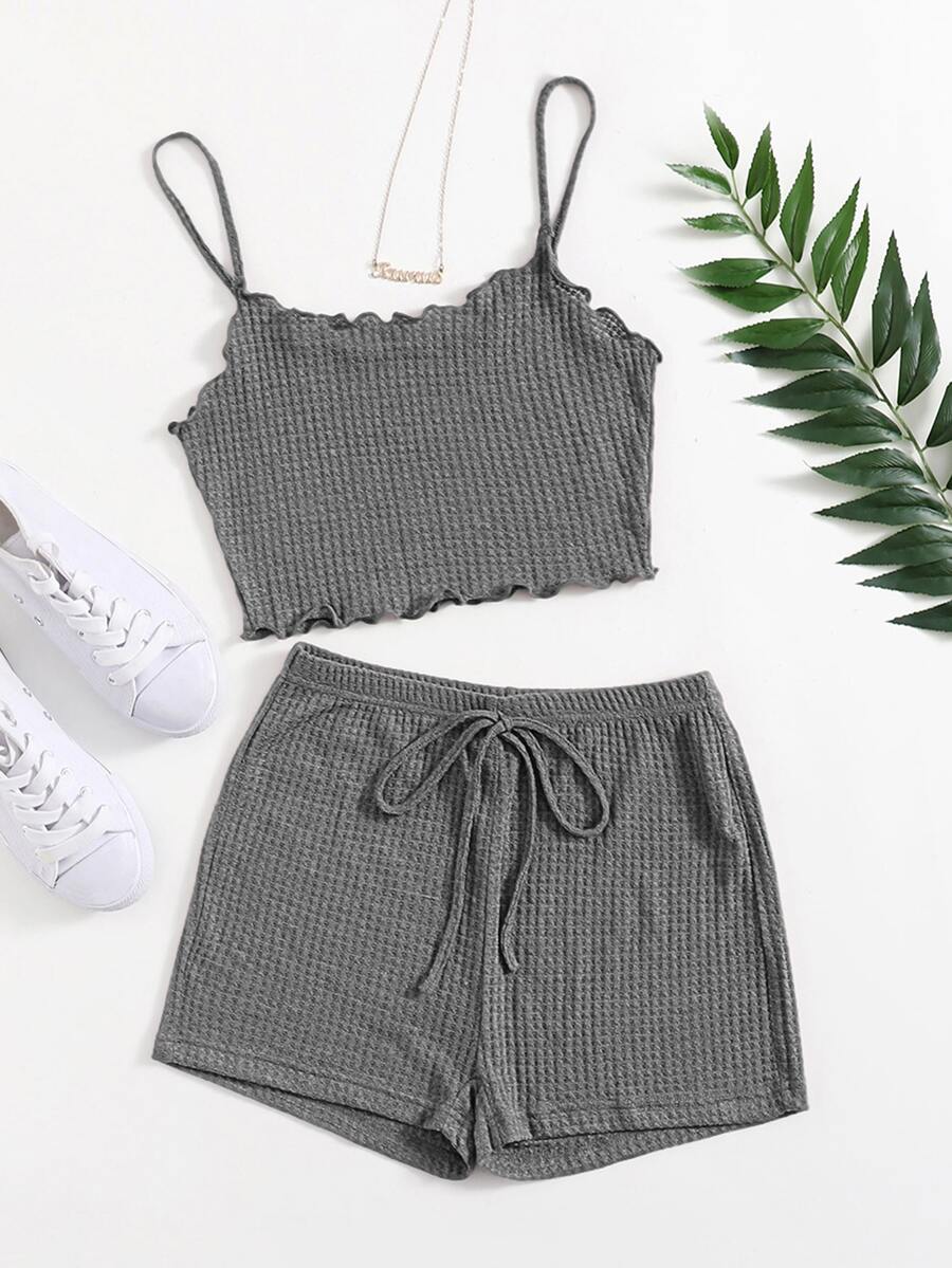 SHEIN EZwear Waffle Knit Lettuce Trim Cami Top & Shorts Set - Grey - View 1