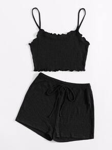 SHEIN EZwear Bộ đồ hai mảnh nữ Thắt nút Xù nhỏ màu trơn Giải trí - màu đen - Xem 3