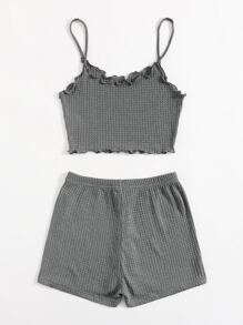 SHEIN EZwear Waffle Knit Lettuce Trim Cami Top & Shorts Set - Grey - View 2