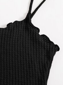 SHEIN EZwear Bộ đồ hai mảnh nữ Thắt nút Xù nhỏ màu trơn Giải trí - màu đen - Xem 4