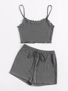 SHEIN EZwear Waffle Knit Lettuce Trim Cami Top & Shorts Set - Grey - View 3