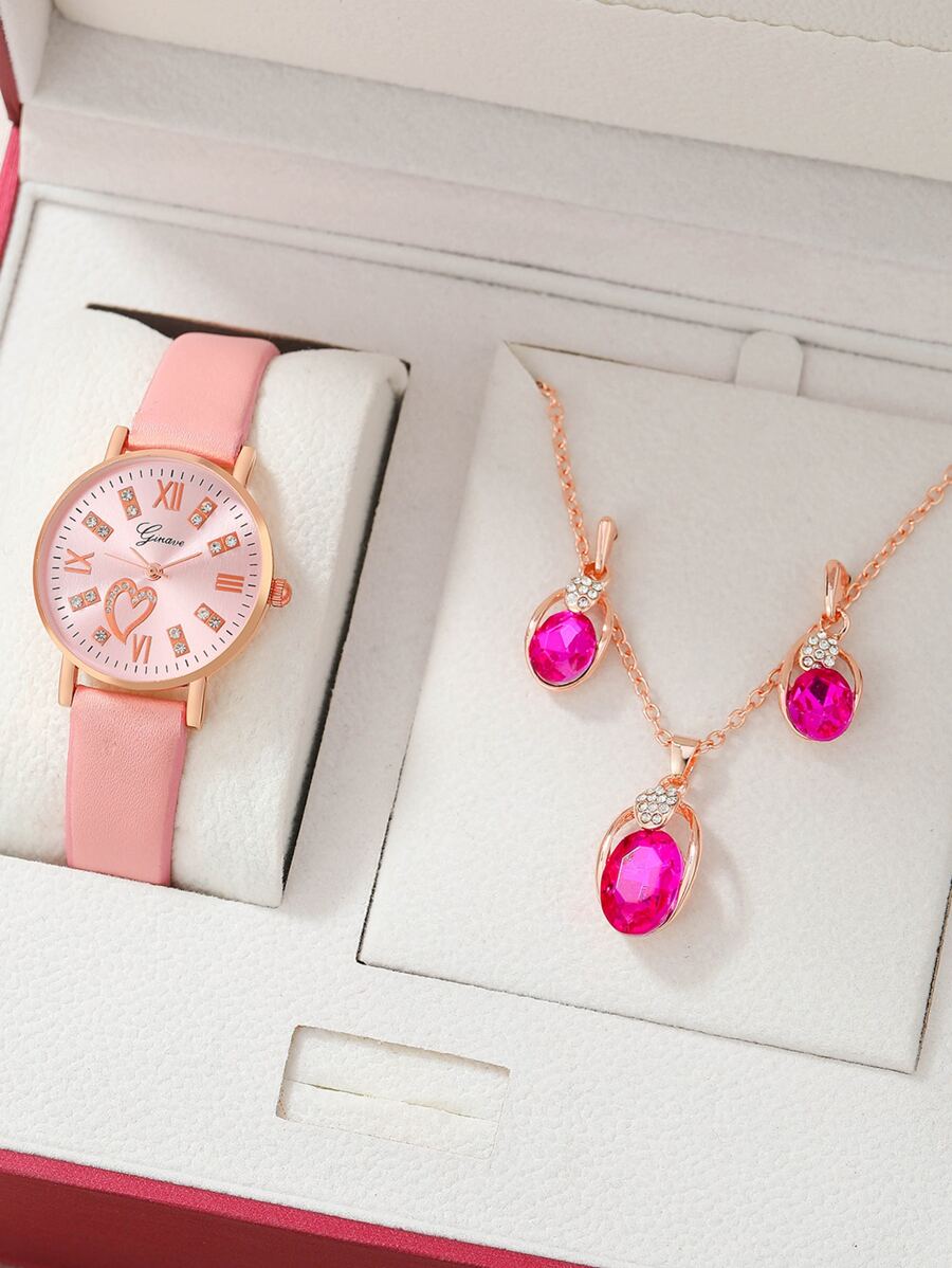 1入組圓形指針石英手錶和3入組首飾套裝 - 粉色 - 查看 1