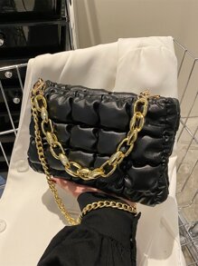 Túi đeo chéo Nữ Xù Kẻ sọc Chuỗi Tay cầm Top Đúng mốt - màu đen - Xem 1