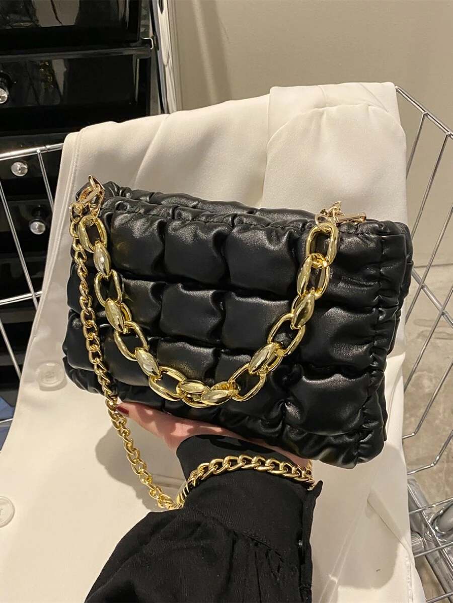 Túi đeo chéo Nữ Xù Kẻ sọc Chuỗi Tay cầm Top Đúng mốt - màu đen - Xem 1