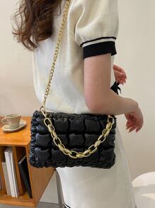 Túi đeo chéo Nữ Xù Kẻ sọc Chuỗi Tay cầm Top Đúng mốt - màu đen - Xem 2